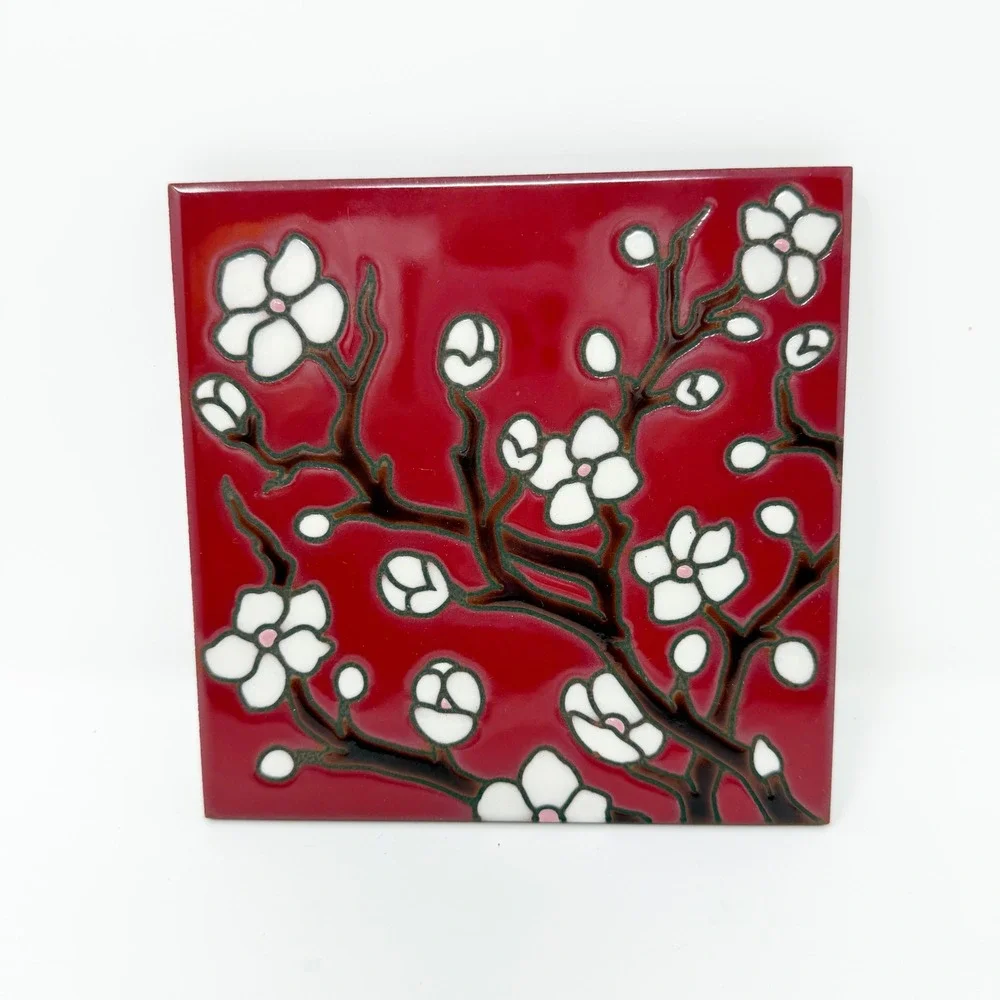 Carley Quinn Design Cherry Blossom Tile Art Trivet‎ Red